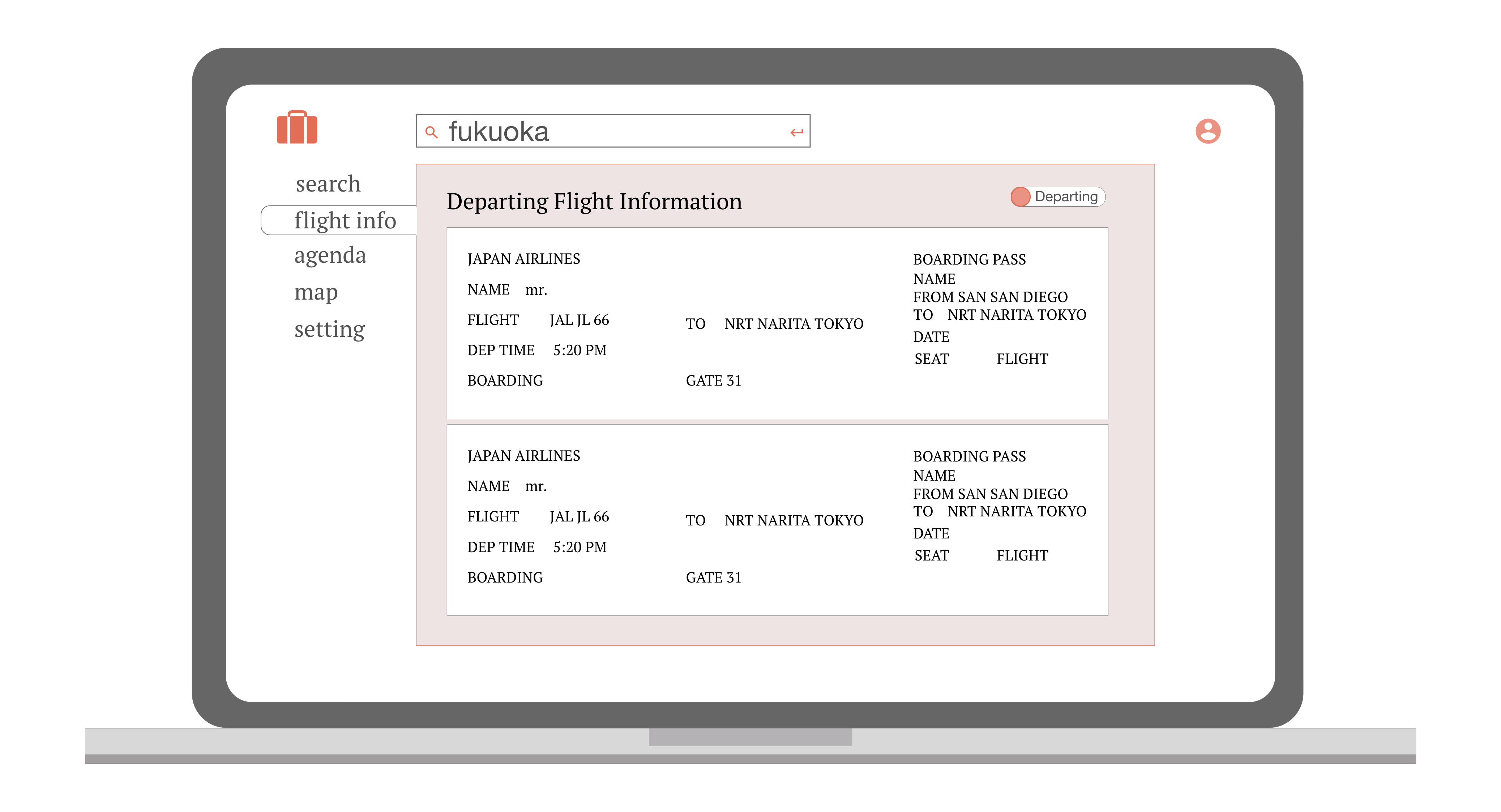 Flight ticket is organized by the nearest departing time including transit flights. By clicking the departing button, you can access the return flights information as well.