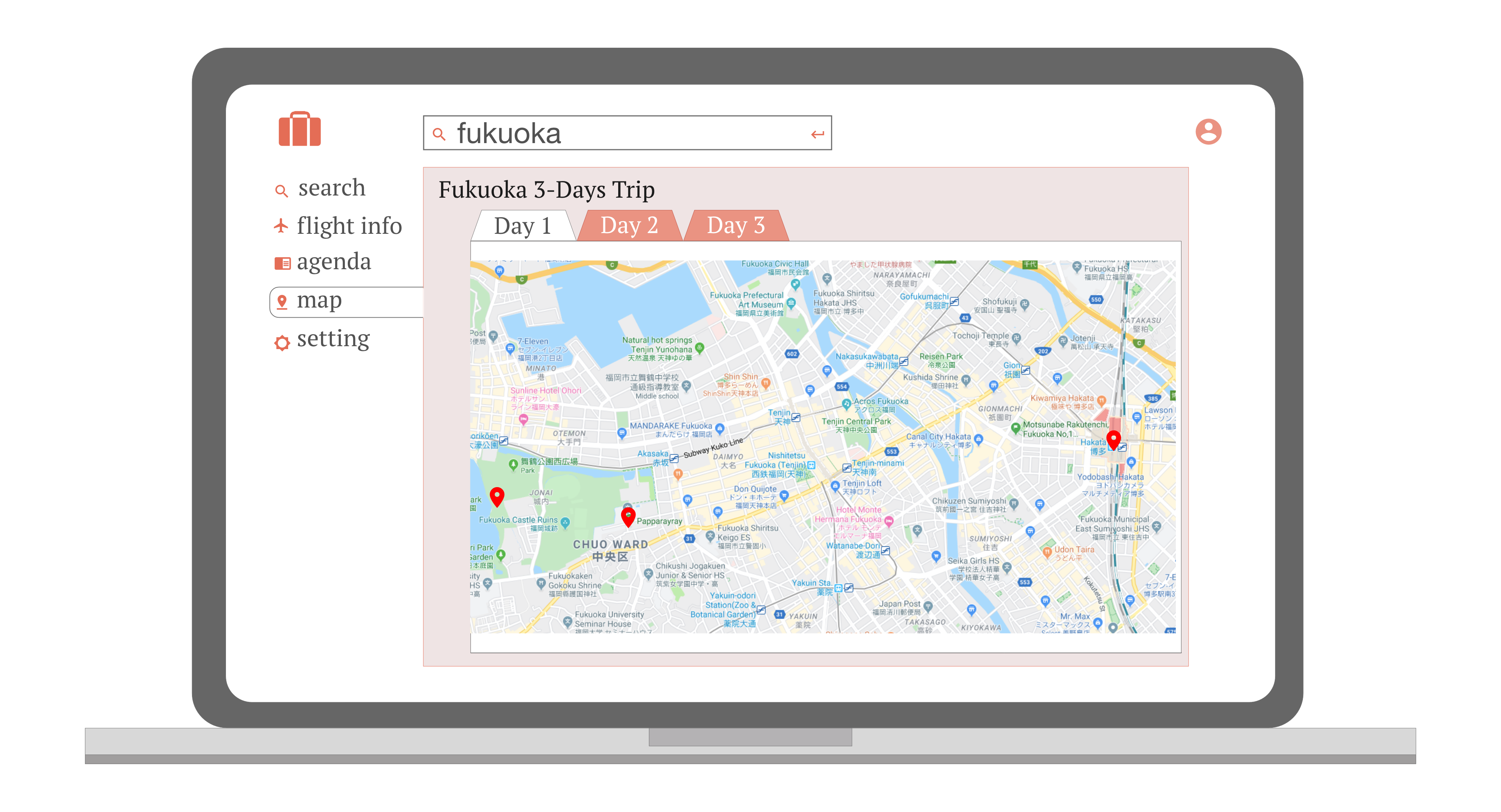 Maps will have nearby location suggested as well as the locations you have listed on your agenda. This feature helps finding transportation methods to the desired locations.